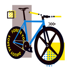 Bicycle in perspective with a blue frame. Fixed bike with a wheel for a trek. Wheel with blades. Stylish bike with a wide wheel. Youth bike. Sports mood.Background for a bike ride or context on bicycl