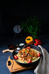 rustic bulgur pans with gratinated gyros and yoghurt