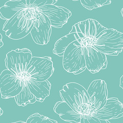 Sakura flowers, vector seamless pattern. Hand drawn floral background in retro pastel colores.