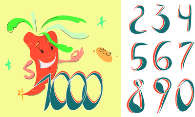 Thank you 1000 followers card with a big carrot character that makes the icon OK. Vector ecology design template for network friends and followers. Image for Social Networks. Hand draw  doodle numbers