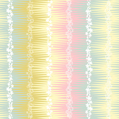 Modern vector seamless pattern with simple flowers and abstract chevron background. Fabric look geometric repeat in retro pastel colors with zig zag shapes
