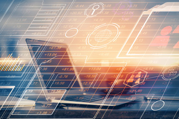 Double exposure of computer and technology theme hologram. Concept of freelance work.