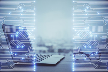Computer on desktop in office with technology theme hologram. Multi exposure. Tech concept.
