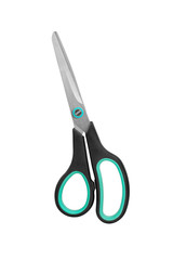 Silver metal closed scissors with black plastic handles on white background isolated close up, steel cutting tool for paper, fabric clippers, hair shears, tailor pair of scissors, nobody, studio shot