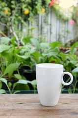 White coffee cup on wood plank in vegetable farm and flowers garden