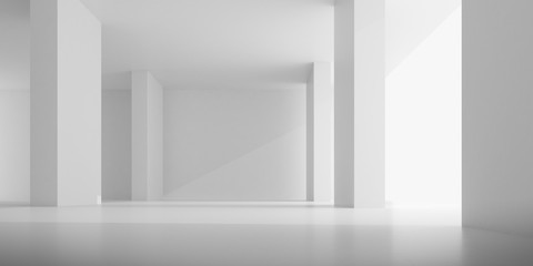 Abstract of concrete space with sun light cast the shadow on the wall ,Geometric structure, Museum space,Perspective of brutalism  architecture,3d rendering.	