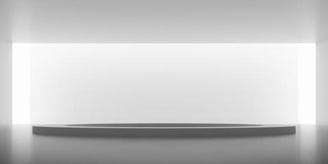 Obraz premium Abstract of concrete space with sun light cast the shadow on the wall ,Geometric structure, Museum space,Perspective of brutalism architecture,3d rendering. 