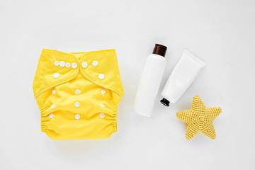 Set of cloth diaper and baby cosmetics.  Eco friendly cloth nappies for newborn. Baby hygiene...