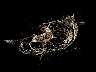 3d rendering of a splash of gold on a black background.