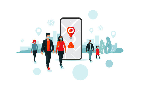 Smartphone health virus tracking location app with people wearing protection face mask to prevent coronavirus, disease, flu, air pollution. Old man young woman person walking. City illustration.