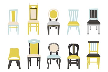 Chair Set Vector. Desk Chairs Furniture. Different Types. Interior Seat Design Element. Isolated Illustration.