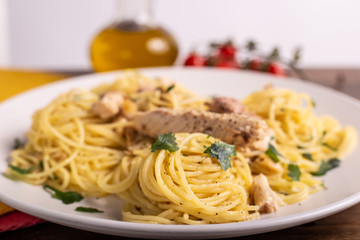  Seafood spaghetti with garlic and parsley. Healthy and nutritious Italian food. Blue fish, omega 3 recipe.