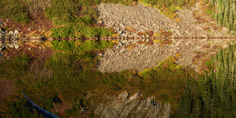 Sunrise panorama at the Blue Lake. Indian Heaven wilderness in Washington state in the USA.