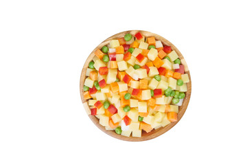 potato, pepper,  peas, carrot in bowl cutted