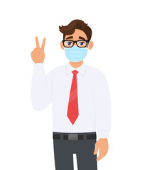Young businessman wearing face medical mask and showing victory, peace sign. Trendy person covering surgical mask and gesturing two, success symbol. Cartoon design illustration in vector style.