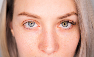 Lashes extension before after, eyelash, beautiful woman eyescloseup