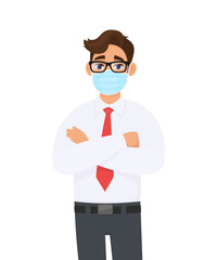 Young business man wearing medical mask to prevent disease and standing crossed arm. Trendy person covering surgical face mask and posing folded hand. Male cartoon illustration design in vector style.