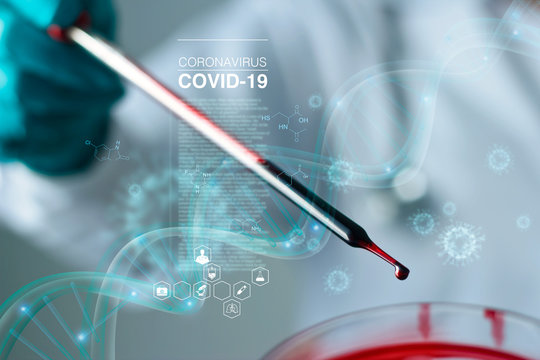 Science and medicine, Scientist analyzing and dropping blood a sample into a glassware, experiments containing chemical liquid in laboratory, pandemic of corona virus and Covid-19, Medical technology