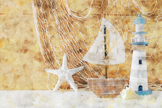 abstract watercolor style image of nautical concept with old boat