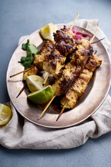 Chicken tikka kebab with marinated onion, fresh salad and yoghurt sauce. Traditional indian cuisine, delicious starter. Creative flatlay