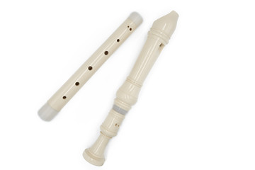 White prefabricated flute two-piece recorder on a white isolated background, top view