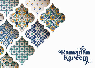 Close-up of colorful ornamental arabic tiles, patterns through white mosque window. Greeting card, invitation for Muslim holiday Ramadan Kareem. Vector illustration bacground, modern web banner. - obrazy, fototapety, plakaty