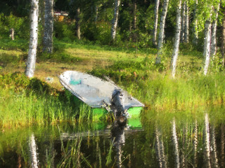 Oil painting style and abstract illustration of river, boat and forest