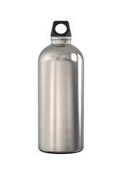 Aluminum Alloy or Titanium Metal Hiking or Cycling Sports Water Bottle with Black Bung for Carabiner. 3D Render Isolated on White Background.