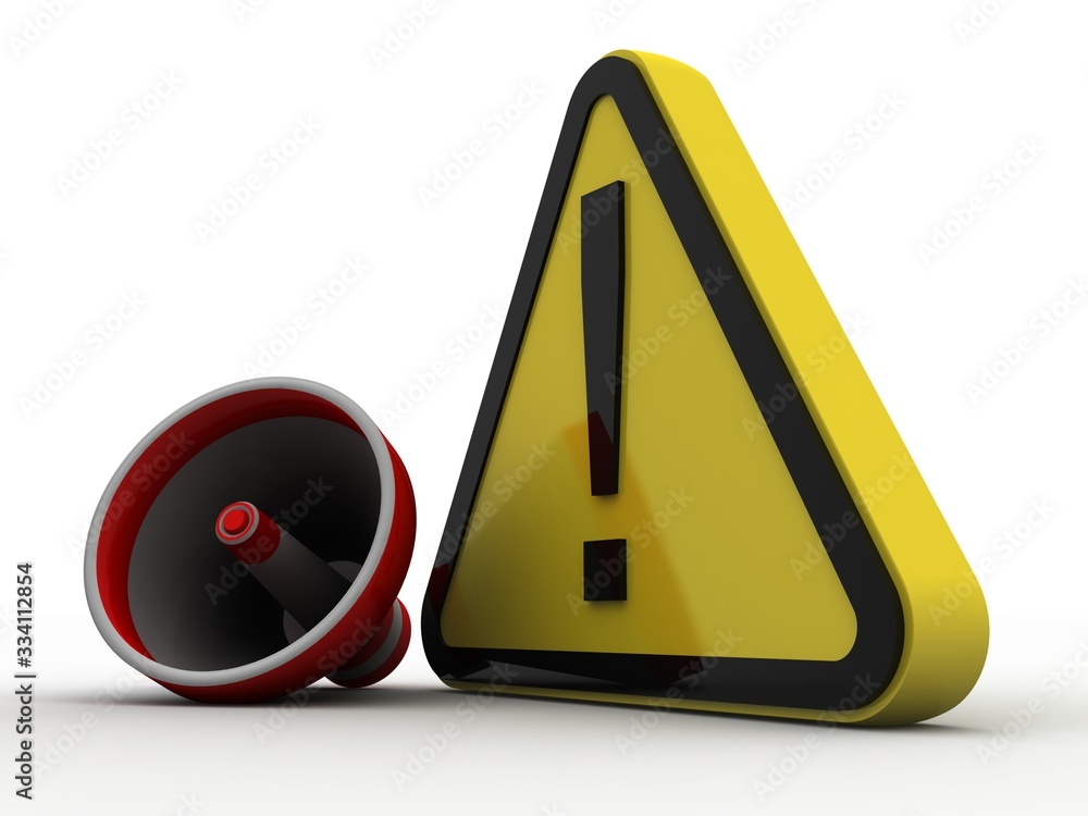 Poster 3d rendering megaphones with exclamation mark