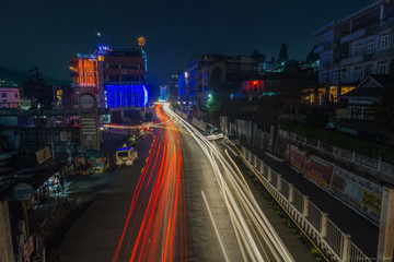 City Light trails during blue hour of shillong