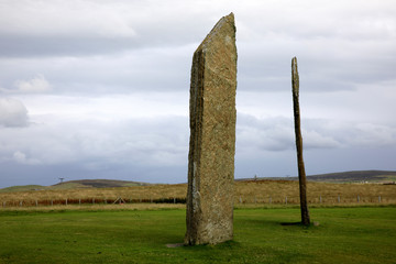 Stennessl - Orkney (Scotland), UK - August 06, 2018: Standing Stones of Stenness, Neolithic megaliths in the island of Mainland, Orkney, Scotland, Highlands, United Kingdom