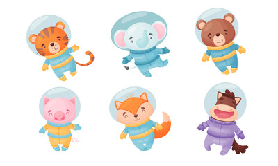 Funny Animals Wearing Astronaut Costumes or Spacesuit in Floating Pose Vector Set