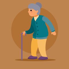 Fototapeta premium grandmother with a bunch on her head and a crutch in her hands, in trousers, goes home or to a pharmacy, to the doctor, vector illustration,