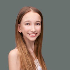 Naklejka premium Young woman cosmetology portrait. Beauty girl face. Anti acne treatment. Home routine skincare. Healthy female facial procedure. Medicine woman scrub. Nature make up. Laser remove wrinkles. Smile