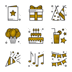 Birthday party icons set in gold. Golden birthday symbols and basic party elements on white background. Holidays, event, carnival, festive concept theme. Vector illustration in line style.