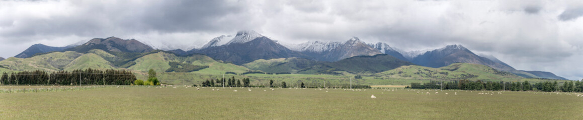 Fototapeta na wymiar green landscape with snow on Takitimu mountains, near The Key, New Zealand