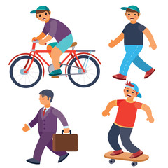 set of men riding a bike, walking, skateboarding, going to work, isolated object on a white background, vector illustration, eps