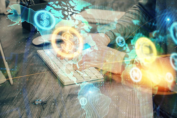 Multi exposure of financial graph with man works in office on background. Concept of analysis.