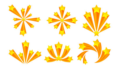 Star Fireworks or Salute Explosion with Flaring Sparkles Vector Set