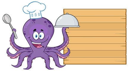 Octopus Chef Cartoon Character Serving Food To Wooden Blank Board. Vector Illustration Isolated On White Background