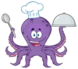 Octopus Chef Cartoon Character Serving Food In A Sliver Platter. Vector Illustration Isolated On White Background