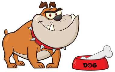 Smiling Bulldog Cartoon Character With Bowl And Bone. Vector Illustration With Background