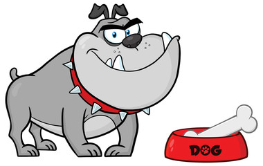 Smiling Gray Bulldog Cartoon Character With Bowl And Bone. Vector Illustration With Background
