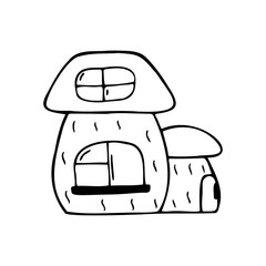 Hand drawn house in the shape of a mushroom isolated on a white background. Children's style. Doodle, simple outline illustration. It can be used for decoration of textile, paper.