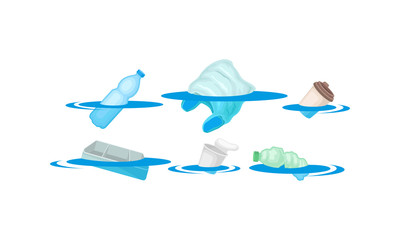 Plastic Bottles and Bags Floating in the Ocean Vector Set