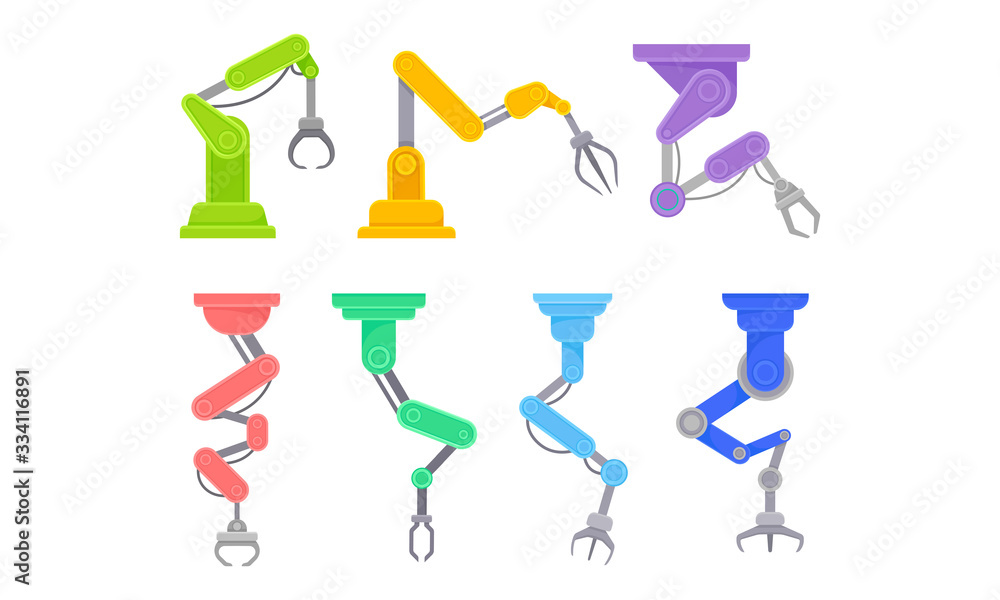 Poster robotic arm in manufacturing process. robot and machine industry vector set