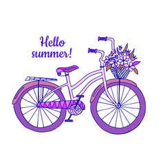 Vector stylized hand-drawn illustration of a retro bicycle with a wicker basket and flowers. Perfect for logo, icon, design, greeting card, poster.