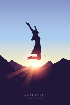happy girl with raised arms jumps at purple mountain landscape vector illustration EPS10