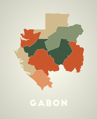 Gabon poster in retro style. Map of the country with regions in autumn color palette. Shape of Gabon with country name. Radiant vector illustration.