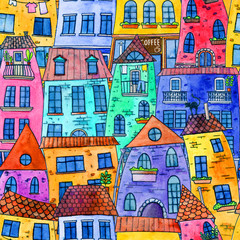 Seamless pattern with bright watercolor houses. Illustration